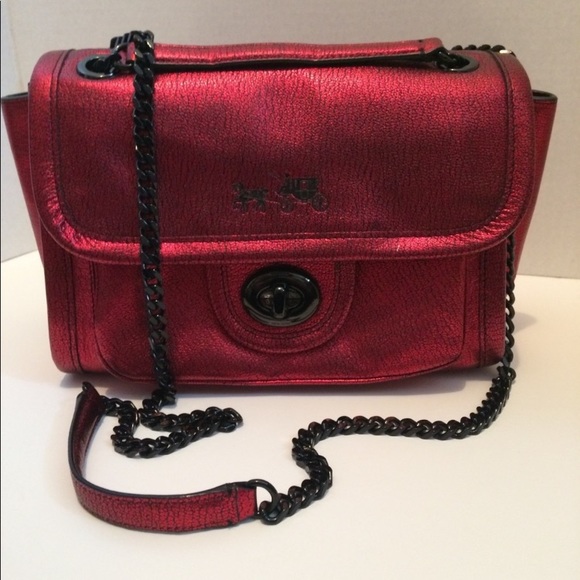 Coach Metallic Red Ranger Flap Crossbody Bag Metal Chain Convertible - Picture 4 of 16